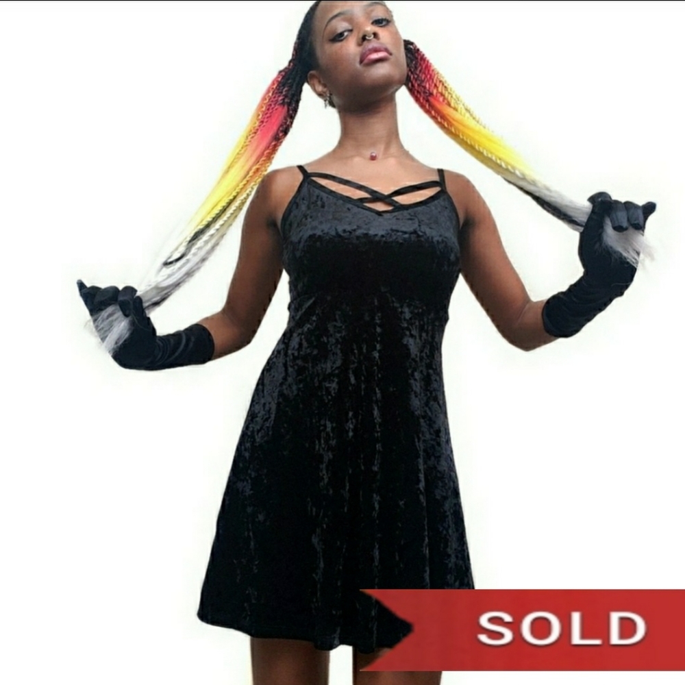 Black Faux Velvet Bondage Mini Flare Skater Dress